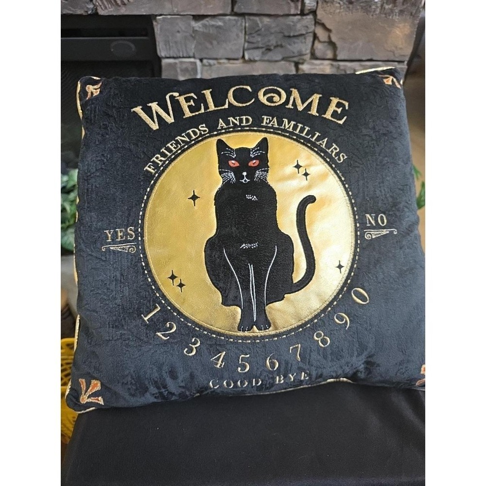 Gothic Black Cat Velvet Throw Pillow, Ouija Embroidery